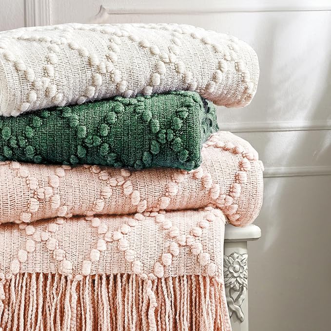 BOURINA Green Throw Blanket 50 x70 Inches Jacquard Argyle Throw Textured Solid Soft Throws and Blankets for Sofa or Bed Knitted Decorative Blanket