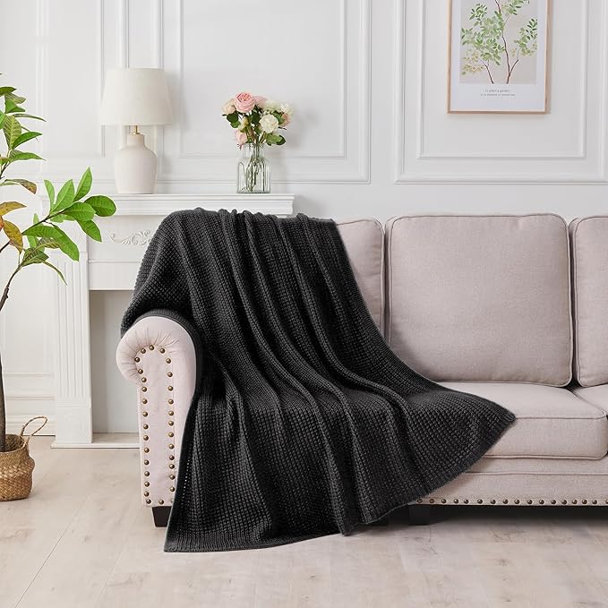 Douceur Black Throw Blanket for Bed, Soft Chunky Cable Knit Throw Blanket, Classic Fisherman's Rib Stitch Pattern Throw for Living Room Gift, 60"X80"