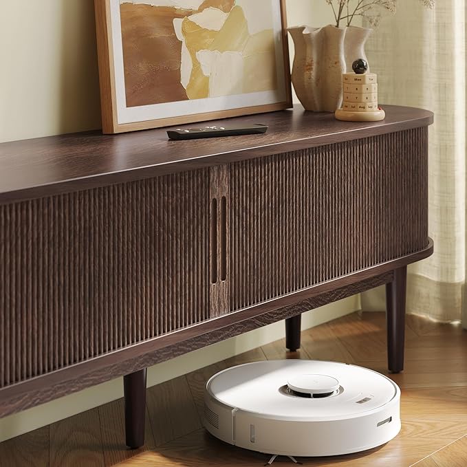 LINSY 70" Fluted TV Stand, Modern Entertainment Center for TVs Up to 80 inches, TV Console with Sliding Doors, Curved Profile Design, Media Console for Living Room, Walnut