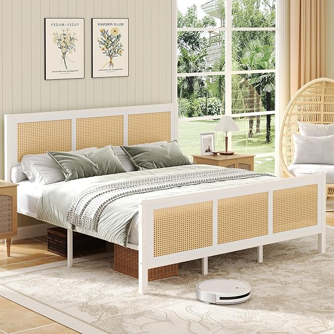 Rattan Bed Frame, Boho King Bed Frame and Headboard, Metal Platform King Size Bed Frames with Strong Slat Support, No Box Spring Needed, Noise Free, Easy Assembly, White
