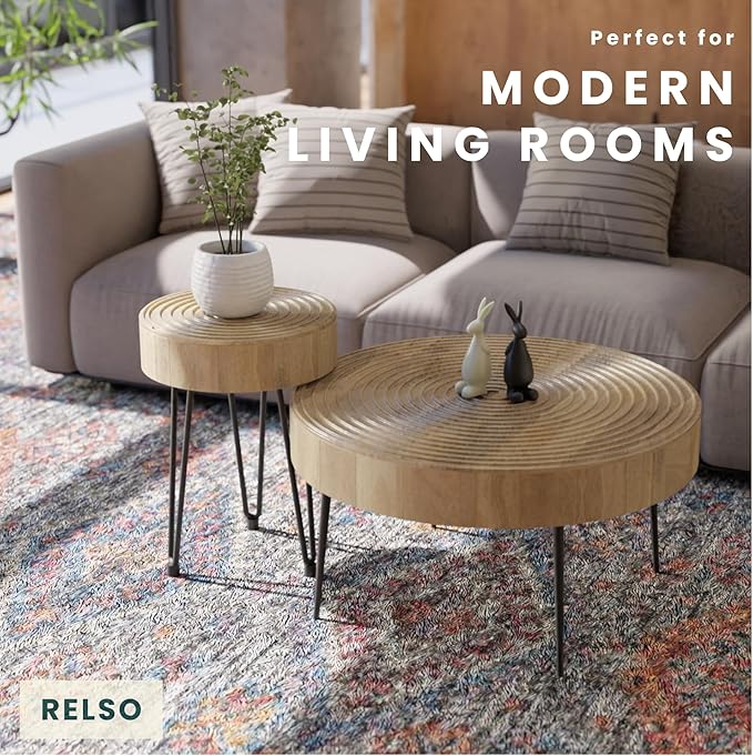 Relso Aspen Round Nesting Coffee Table Set of 2 – Solid Wood Nesting Tables with Metal Legs, Natural Finish | End Table with Ring Pattern | Modern Accent Tables for Living Room, Boho, Farmhouse Decor
