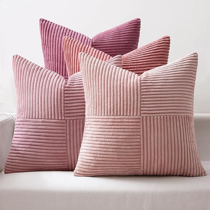 MIULEE Cute Pink Throw Pillow Covers 20x20 Inch Set of 4 Boho Farmhouse Cushion Cases Decorative Gradient Pillow Cases Corduroy Striped Home Decor for Couch Sofa Living Room Bed