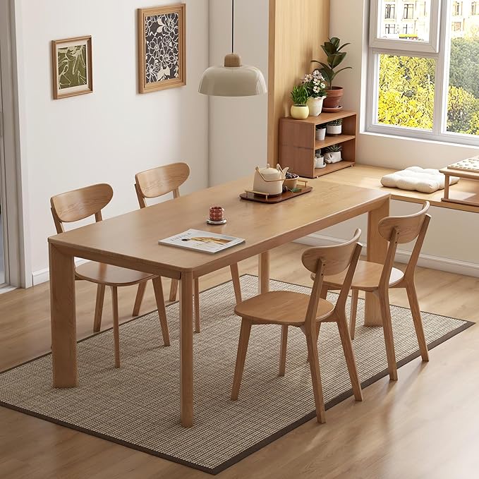 Mid Century Oak Wood Dining Chairs Set of 4, 100% Solid Wood Kitchen Chair with Rounding Edges & Curved Backrest, Modern Armless Accent Dining Chairs for Kitchen Dining, Natural Oak