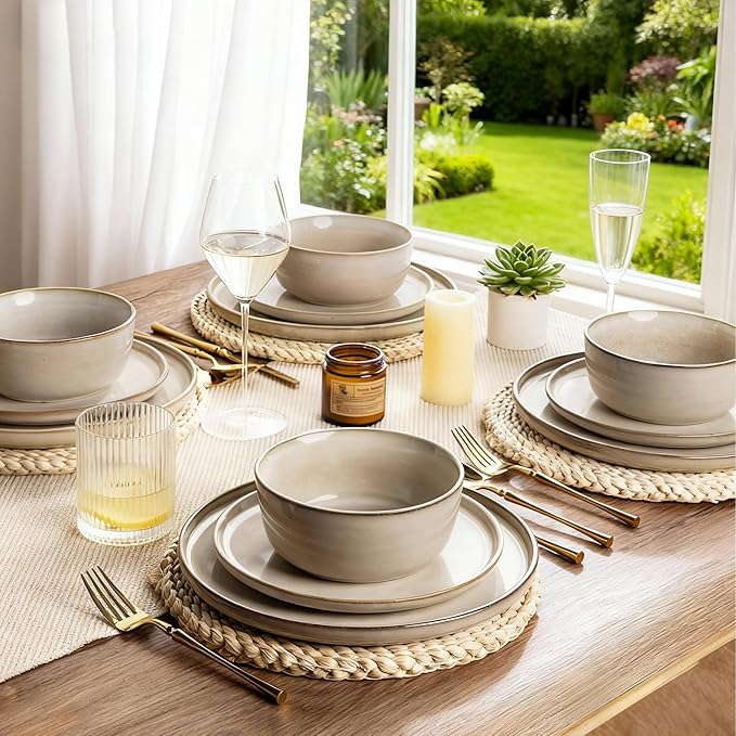 AmorArc Stoneware Dinnerware Sets,Round Reactive Glaze Ceramic Plates and Bowls Sets,Highly Scratch Resistant | Microwave & Dishwasher Safe,Cappuccino,Service for 8 Dishes Set