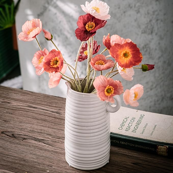 White Ceramic Vase with Small Handle, Modern Farmhouse Pitcher, Milk Jug for Home Decor, Rustic Textured Pottery, Glazed Decorative Centerpiece