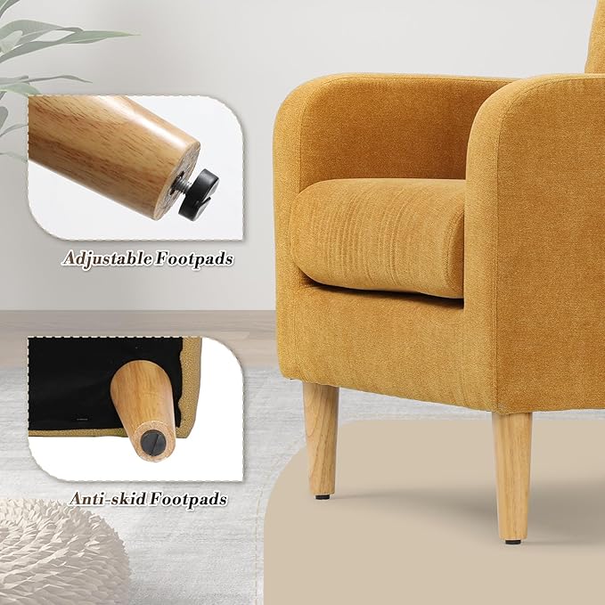 Athena Collection Modern Accent Chair with Cushion, Comfy Upholstered Fabric Reading Chair for Adult, Soft Sofa Armchair for Living Room, Bedroom, Dorm, Yellow