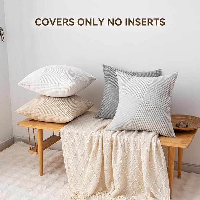 Decorative Throw Pillow Covers 18x18 Inch Set of 4 for Boho Living Room Farmhouse Home Decor, Spring Pillow Covers for Couch Bed, Soft Corduroy Striped Patchwork Cushion Cases, Light Colors