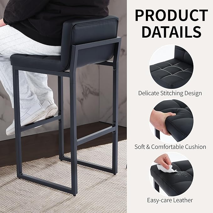 Modern Bar Stools Set of 4, Upholstered Bar Height Barstools with Low Back and Thickened Metal Frame, 30-inch Tall Island Chairs for Kitchen Island, Bar, Counter (Black, 4Pcs 30" Bar Stools)