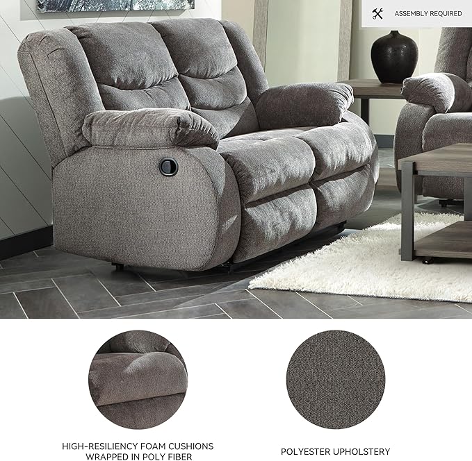 Signature Design by Ashley Tulen Modern Manual Pull Tab Reclining Loveseat, Dark Gray