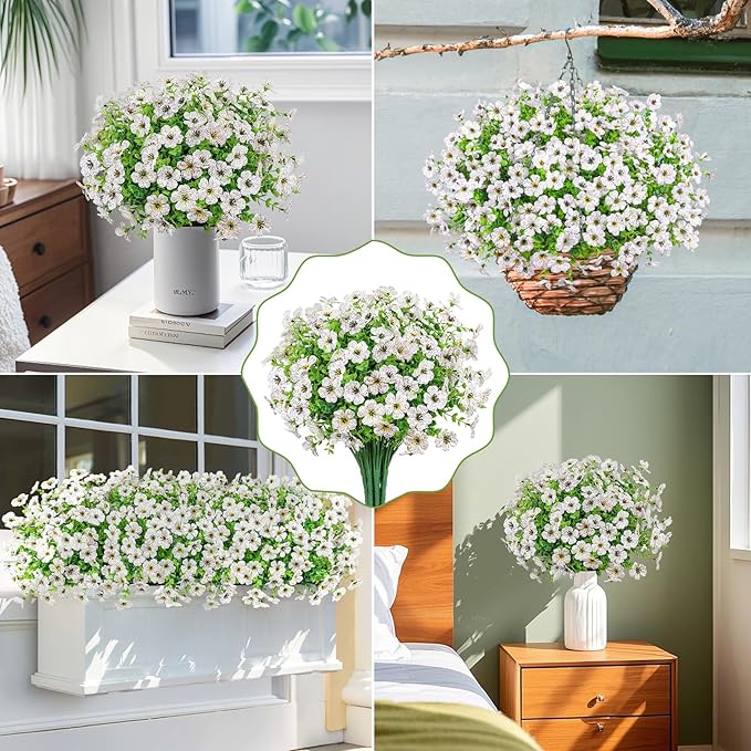 20 Bundles Artificial Flowers for Outdoors Decoration Fake Silk Flowers UV Resistant Faux Plants Artificial Daisy Eucalyptus for Spring Summer Garden Yard Porch Window Home Decor, White