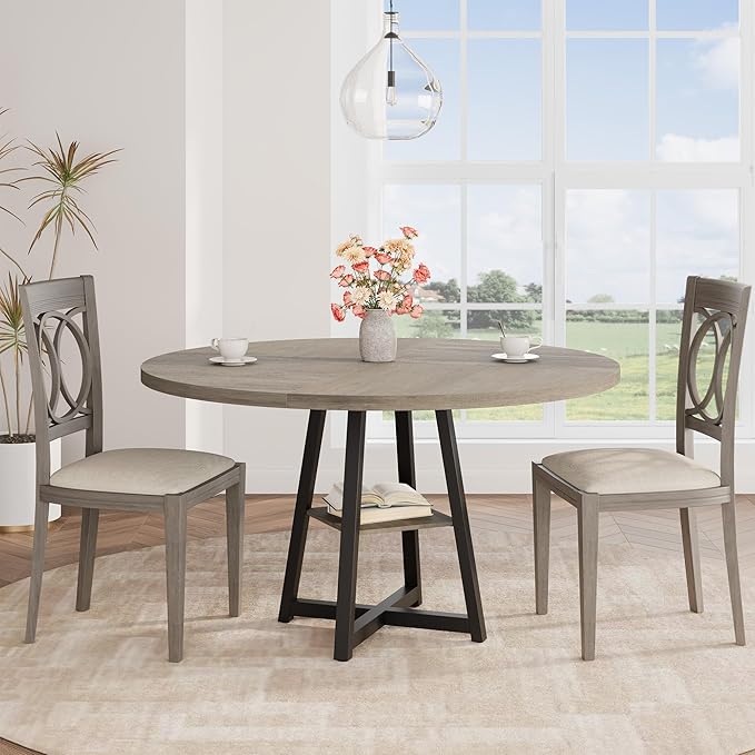 GAOMON Industrial Round Dining Table, 47 Inch Round Kitchen Table for 4, Dinner Table with Wooden Top and Metal Base for Dining Room, Living Room (Grey, 47.2 in w/Storage)