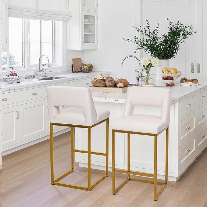 White and Gold Counter Height Bar Stools Set of 2 for Kitchen Counter Modern Bar Chairs with Backs for Kitchen Island with Upholstered Faux Leather Seat and Metal Frame, 26 Inch