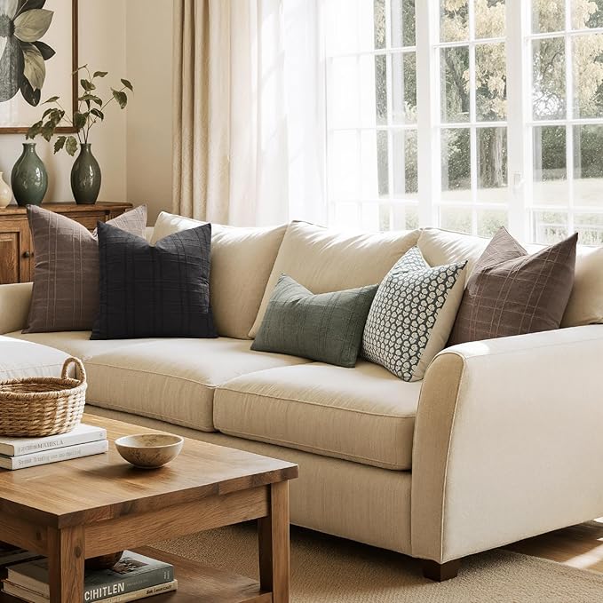 MIULEE Decorative Linen Check Lumar Throw Pillow Covers Neutral Farmhouse Vintage Pillow Covers 12x20 Set of 2 Boho Modern Home Decor for Sofa Couch Bedroom Cushion Olive Green