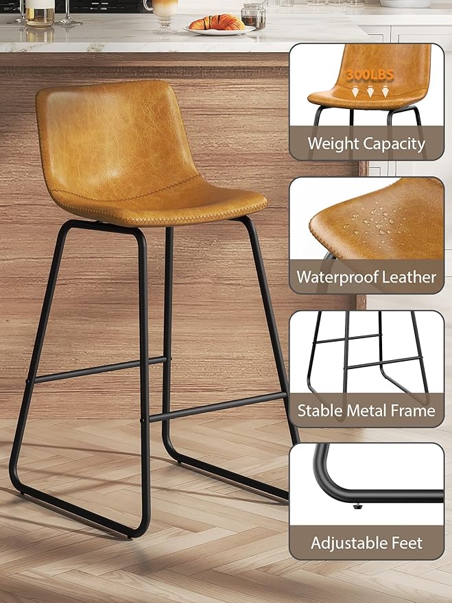 Bar Stools Set of 3, 26 Inches Counter Height Bar Stools with Back, Modern Faux Leather Barstools with Metal Legs and Footrest, Bar Chairs for Kitchens Island (Whiskey Brown)