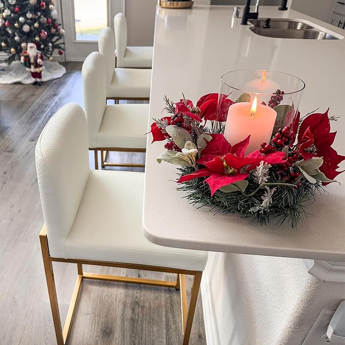 ALPHA HOME 24 Inch Bar Stools Set of 6, Kitchen Counter Stools with Backs, PU Leather Barstools, White Bar Stools with Upholstered Footrest, Sturdy Chromed Metal Steel Frame, Off-White