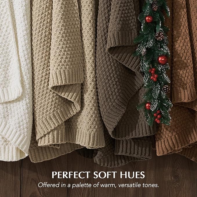 EVERGRACEHOME Chunky Chenille Knit Throw Blanket for Couch, Soft Luxurious Moss Stitch Blankets for Bed, Cozy Decorative Farmhouse Knitted Throws for Sofa, Camel Brown, 60" x 80"