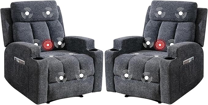 Phoenix Home Manual Recliner Chair Set of 2 with Massage and Heat, Ergonomic Overstuffed Breathable Fabric Recliner Single Sofa with 2 Cup Holders, Living Room Lounge Recliners on Clearance, Dark Gray