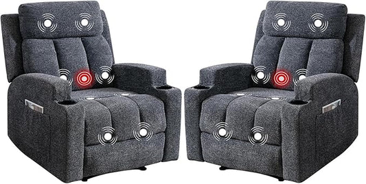 Phoenix Home Manual Recliner Chair Set of 2 with Massage and Heat, Ergonomic Overstuffed Breathable Fabric Recliner Single Sofa with 2 Cup Holders, Living Room Lounge Recliners on Clearance, Dark Gray