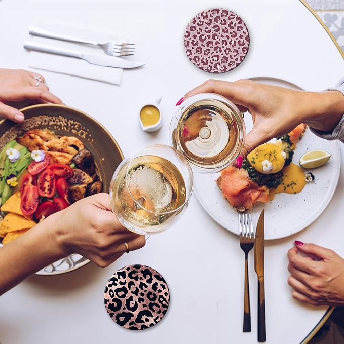 Drink Coasters Set of 6 with Holder, Leopard Print Pink Absorbent Ceramic Coasters with Cork Base,Fit All Cups,Great Gift for Housewarming,Room Decor,Bar,Holiday Party