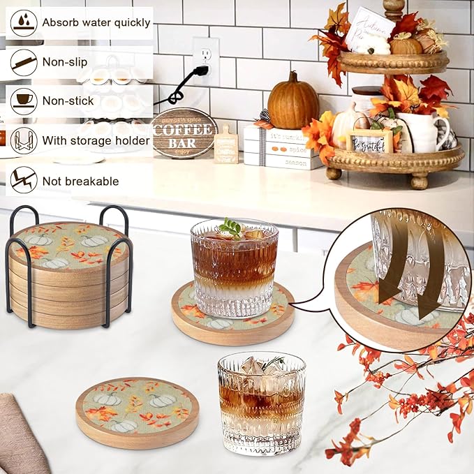 Pumpkins Coaster Set of 6 Cewiru Halloween Coasters for Drinks Absorbent Cup Mats for Table Protection Unique Fall Round Coasters for Coffee Table Kitchen Decor 4.3"