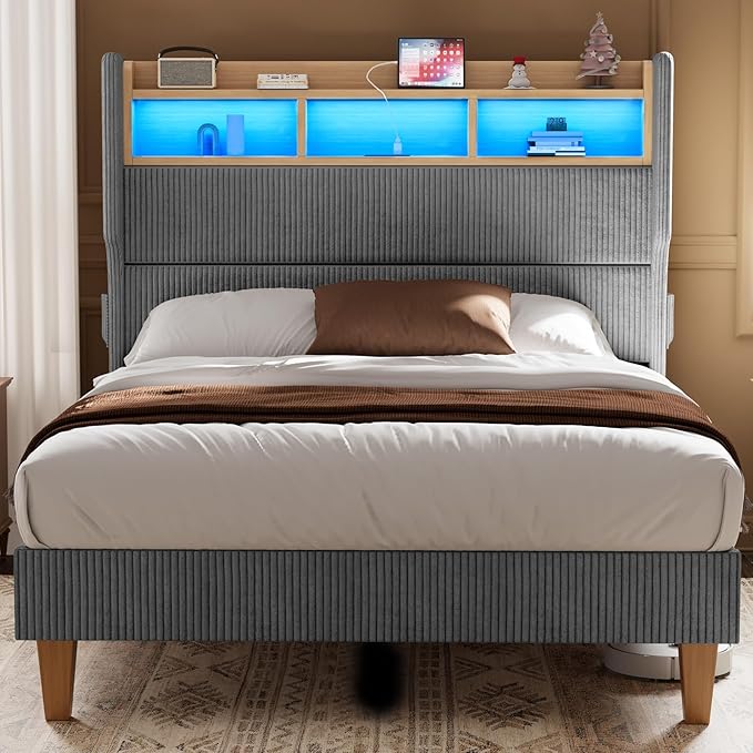 King Size Bed Frame with 51" Tall Corduroy Wingback Headboard and Storage Shelf, Upholstered Platform Bed with LED Lights & Charging Station, No Box Spring Needed, Easy Assembly, Grey
