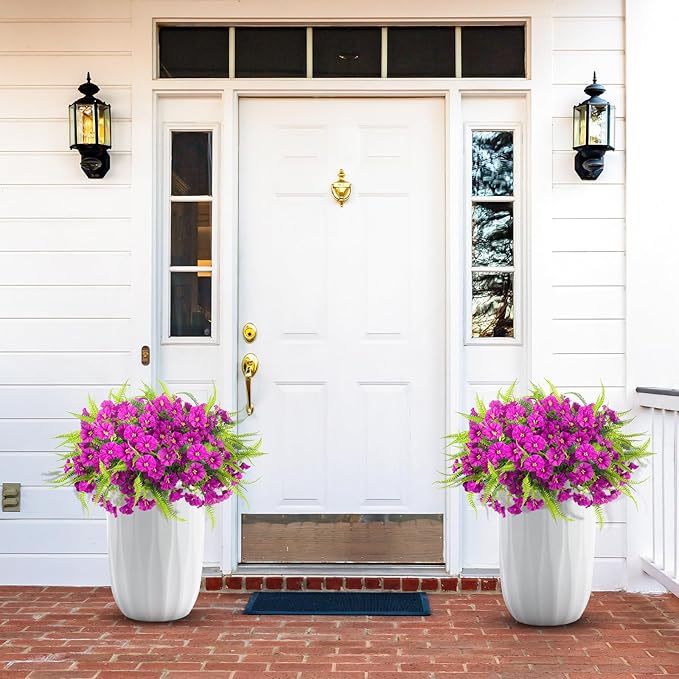 Artificial Flowers Outdoors 12 Bundles Artificial Petunias Fake Flowers UV Resistant Shrubs Plants with Fern for Indoor Outside Hanging Planters Home Garden Summer Decorations (Magenta)