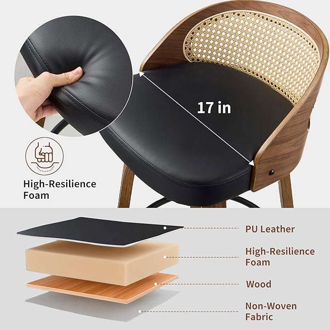 26 inch Swivel Bar Stools with Back, Set of 2 Mid-Century Modern Walnut Barstools, PU Leather Bar Chairs with Footrest for Kitchen Island, Dining, Home Bar - Black