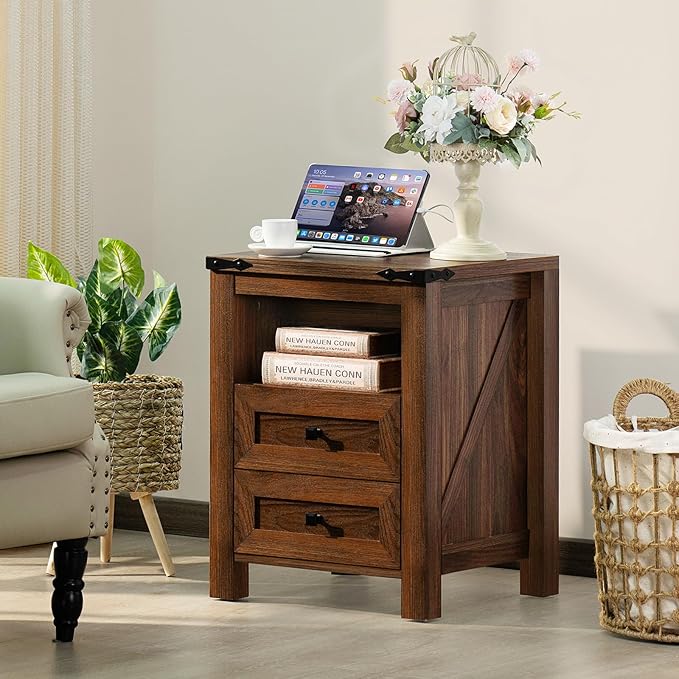 Nightstand with Charging Station and USB Port, Farmhouse Side End Table with 2 Drawers and Open Shelf, Wood Rustic Sofa Table, Bedside Cabinet for Bedroom, Living Room, Closet, Office(Brown)