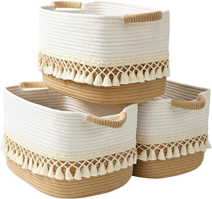 3 Pack Storage Basket for Shelves, Boho Cotton Rope Storage Bins with Heavy Tassel, Shelf Baskets Large Woven Baskets for Organizing, Cube Organizer Bins, Baby Laundry Basket for Clothes, Toys, Pets