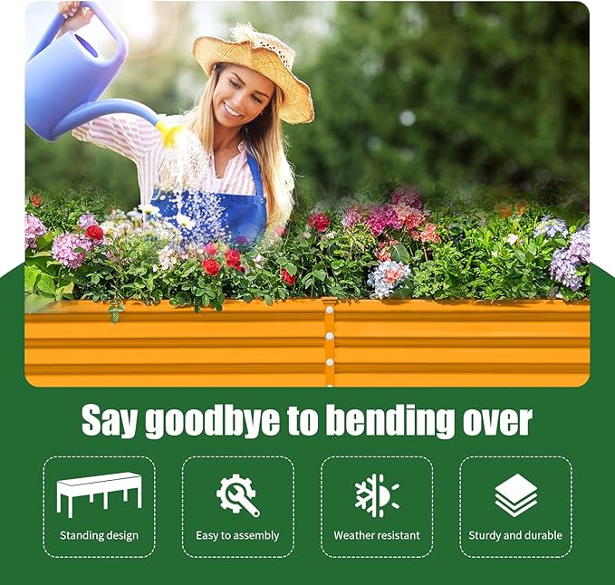 Land Guard Galvanized Raised Garden Bed with Legs, 96×24×32in Raised Garden Beds Outdoor with Drainage Holes, Planter Boxes Outdoor for Backyard, Patio, Balcony, 800lb Capacity, Cream Yellow