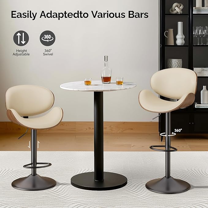 Swivel Bar Stools Set of 4, Seat Adjustable Height 23.5-32.5IN Bentwood Barstools with Back & Footrest, PU Leather Upholstered Counter Height Bar Chairs for Bar Kitchen Dining Room, Beige