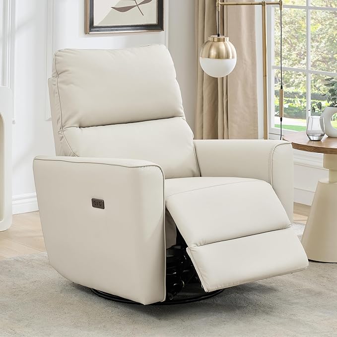 GarveeHome Recliner Chair, 360° Swivel Rocker Glider Nursery Chair with Padded Armrest and Deep Seat, PU Leather Upholstered Reclining Sofa Chair for Living Room, Bedroom and Nursery (Light White)