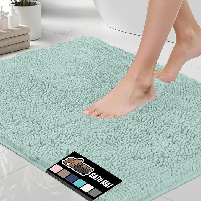 GORILLA GRIP Bath Rug Mat, Soft Absorbent Chenille, Quick Dry Microfiber Mats, Rubber Backing Washable Shower Floor Rugs, Bathmat Runner, US Designed Bathroom Home Decor Accessories 24x17, Seablue