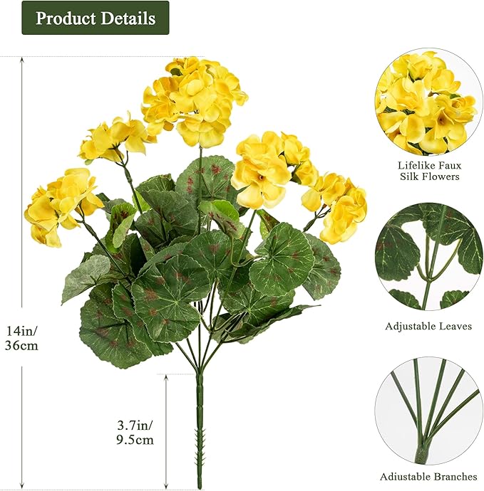 Plastic Flowers for Outdoors Home Decor Fake Plants Artificial Flowers Artificial Geraniums Outdoor Fake Flowers Silk Bouquet, Fall Decor for Interior Porch Garden Decor14.4(Yellow) 8PCS