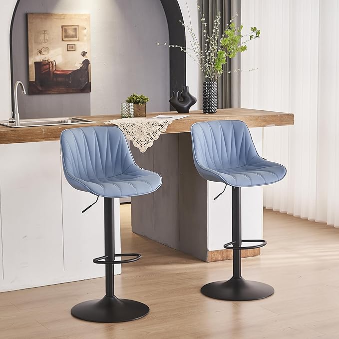 YOUNIKE Bar Stools Set of 2 for Kitchen Island, Blue Faux Leather Padded Counter Height Stools, Adjustable Swivel Barstools with Back, Modern Tall Stools with 300LBS Support