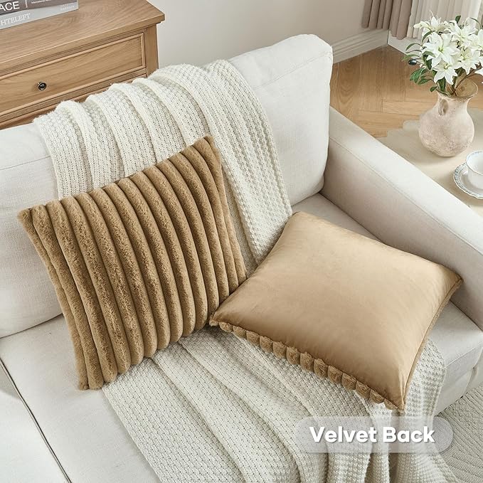 FUTEI Camel Striped Decorative Throw Pillow Covers 18x18 Inch Set of 2,Square Fall Decorations Couch Pillow Case,Soft Cozy Faux Rabbit Fur & Velvet Back,Modern Home Decor for Bed