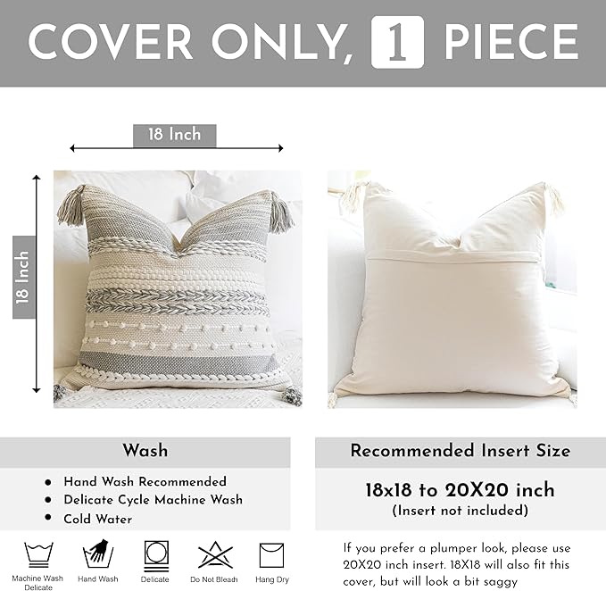 BlissBlush Gray Boho Decorative Throw Pillow Cover 18x18 Square Farmhouse Accent Cushion for Couch Sofa Livingroom Bedroom Pillowcase Modern Home Décor (Pack of 1)