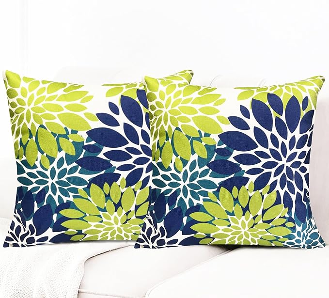 Decorative Throw Pillow Covers Set of 2 Blue Green Pillow Covers 16x16 Inch Couch Pillow Covers for Sofa Living Room Outdoor Throw Pillow Cover Linen Floral Flower Farmhouse Pillowcase