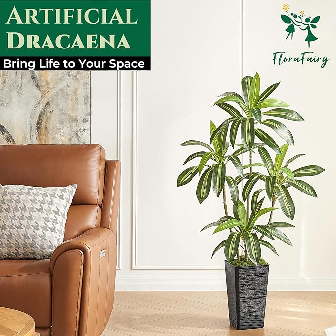 5FT Artificial Dracaena Tree with Black Planter and Fake Moss - Real Touch Fake Plant for Home & Office Decor, Faux Yucca Indoor Floor Tree, Low Maintenance, Non-Fading Silk Plants