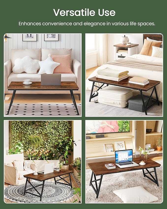 41.3" Folding Coffee Table with Safety Buckles, Low Coffee Table, Portable Floor Table, for Sitting on The Floor, for Living Room, Bedroom, Balcony, Caravan, Rustic Brown and Black TKF01BF