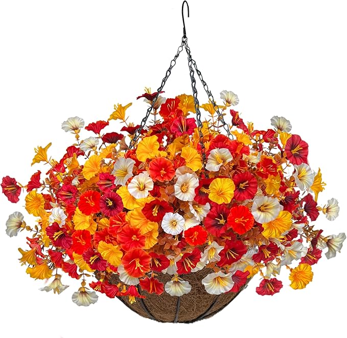 Artificial Fall Flowers with Hanging Baskets Outdoors, Faux mums for Outdoor planters, Fake Mums Petunia Artificial Hanging Plants UV Resistant for Autumn Porch Garden Home Yard Decor (Deep Autumn)