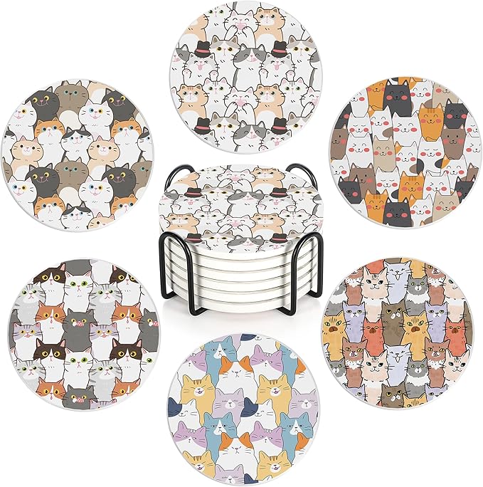 Drink Coasters Set of 6 with Holder, Cute Cats Absorbent Ceramic Coasters with Cork Base,Fit All Cups,Great Gift for Housewarming,Room Decor,Bar,Holiday Party