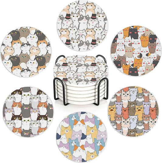 Drink Coasters Set of 6 with Holder, Cute Cats Absorbent Ceramic Coasters with Cork Base,Fit All Cups,Great Gift for Housewarming,Room Decor,Bar,Holiday Party