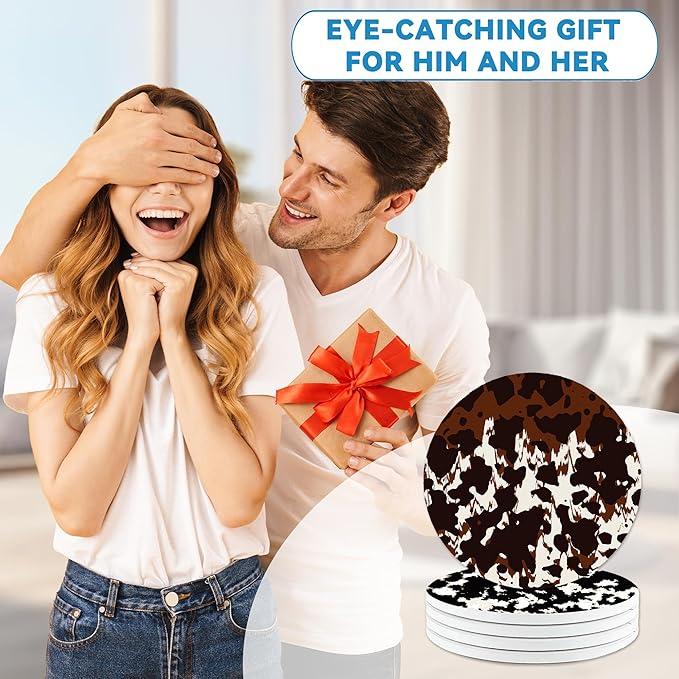 Drinks Coasters Set of 4, Cow Print Round 4" Cup Coasters, Absorbent Ceramic Stone Coasters with Cork Base, Cute Coasters for Table Home Décor, Ideal Gifts for Women Men