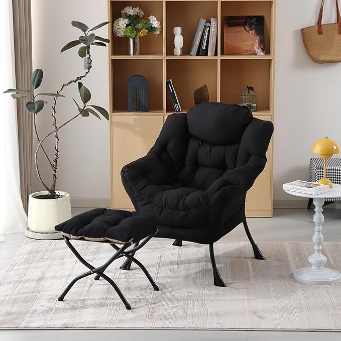 Welnow Lazy Chair with Ottoman, Modern Lounge Accent Chair with Armrests and a Side Pocket, Leisure Sofa Armchair Set, Reading Armchair with Footrest for Small Space, Black
