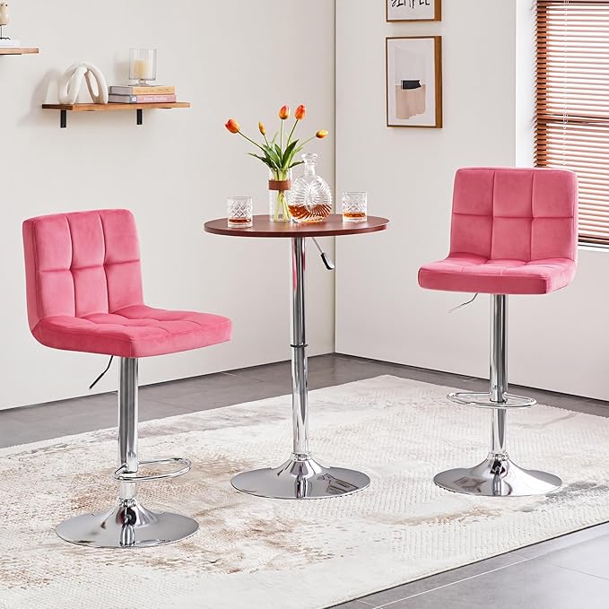 Yaheetech Pink Bar Stools Set of 2, Adjustable Velvet Barstools, Modern Counter Height Swivel Stool with Bigger Base for Kitchen Island, Pink