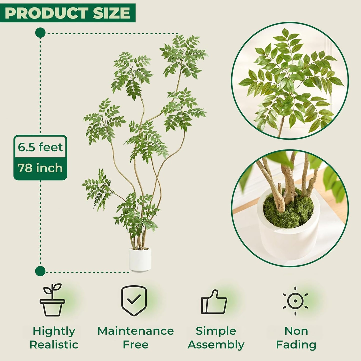 6.5FT Artificial Sumac Tree with White Pot, Tall Faux Plants Indoor, Large Fake Tree with Nearly Natural Silk Plant (Real Touch), for Home, Office, Living Room, Patio, Lobby Decor