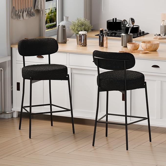 DYHOME Bar Stools Set of 2, Black 28" Counter Height Bar Stools, Boucle Barstools with Back, Mid-Century Modern Bar Chairs for Kitchen Island, Dining Room