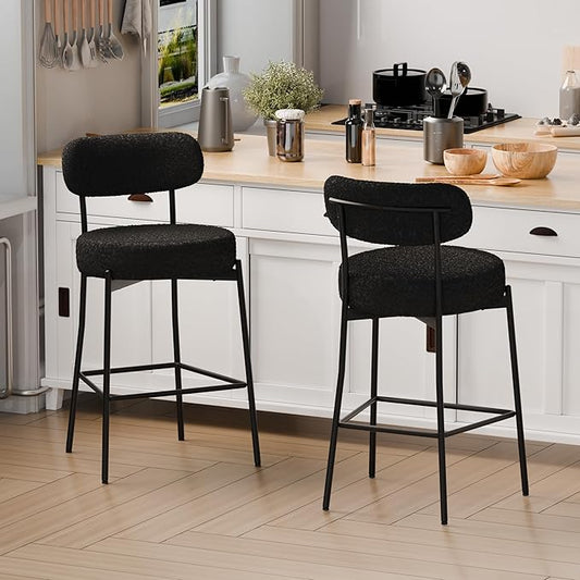 DYHOME Bar Stools Set of 2, Black 28" Counter Height Bar Stools, Boucle Barstools with Back, Mid-Century Modern Bar Chairs for Kitchen Island, Dining Room