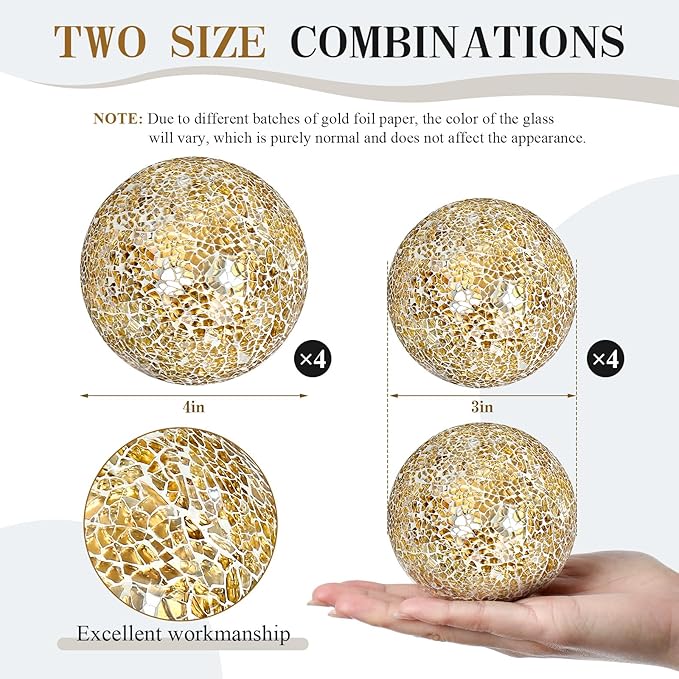 8 Pcs 3'' 4'' Decorative Ball for Centerpiece Bowls Glass Mosaic Sphere Decorative Orbs for Bowl Vase Fillers Christmas Wedding Party Dining Room Table Decor(Gold)
